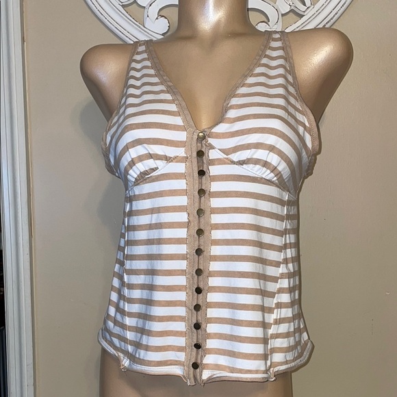 We the Free Womens large top tank Striped Tan White button tie back casual NWT - Picture 1 of 8